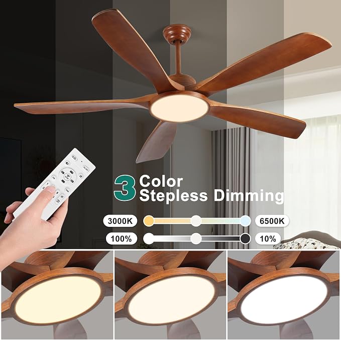 62 Inch Lage Ceiling Fans with Lights and Remote Wood Outdoor Fans for Patios 5 Solid Blades Modern Farmhouse Ceiling Fan for Porch Living Room 6 Speeds FCC Reversible DC Motor