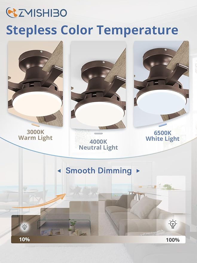 ZMISHIBO 42 Inch Ceiling Fan with Light, App&Remote Control, Flush Mount Low Profile, Dimmable 20W LED Light, Quiet Reversible Motor for Bedroom, Living Room, Apartment, Brown