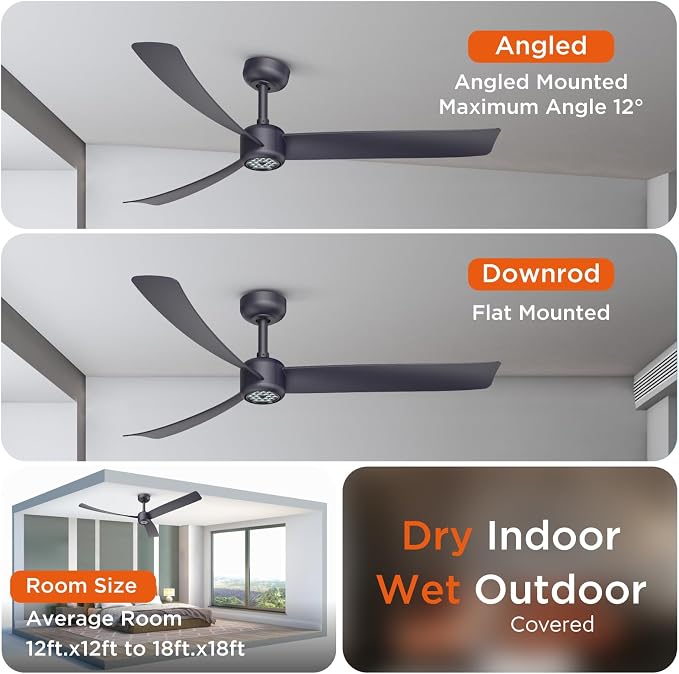 TALOYA 52 Inch Ceiling Fans with Lights Led Remote Control Flush Mount Low Profile for Living Room Bedroom Outdoor Patio,DC Motor,Reversible,Dimmable,Buzzer On/Off,3 Blades,Black