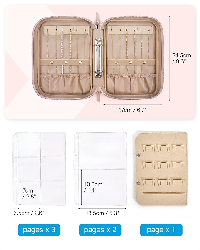 BAGSMART Jewelry Travel Organizer Case Ring Binder Storage Rolls, Pink | Travel Case for Home Clear Ring Binder Jewelry Bags Jewelry Rolls Zipper Pouch Necklaces, Earrings, Rings, Bracelets
