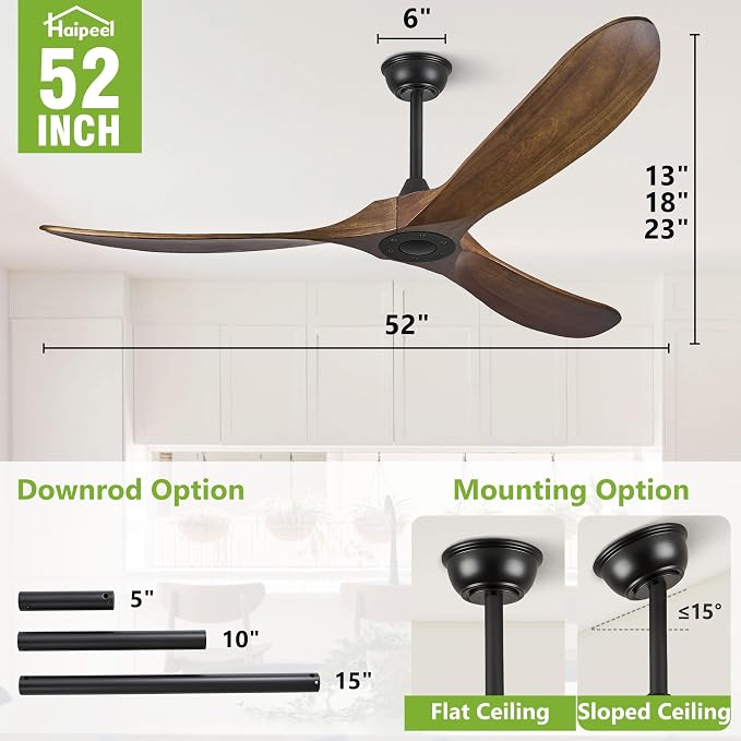 52 Inch Outdoor Ceiling Fans Without Lights, Wood Ceiling Fan no Light with Remote Control and Quiet BLDC Motor, Indoor 3 Blade Propeller Fan Damp Rated for Rustic Patios Farmhouse Porch, Dark Walnut