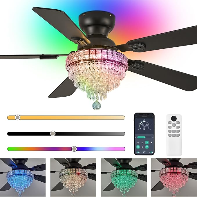 52“ Crystal Ceiling Fans with RGB Lights, Remote/App Control, Modern Fandelier Flush Mount, Reversible DC Motor, Dimmable, Noiseless Ceiling Fan for Bedroom, Living Room (Black)