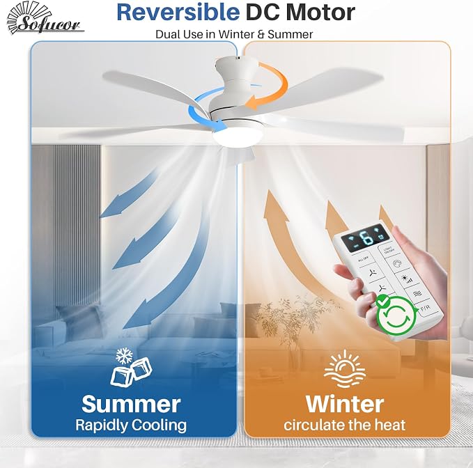 Sofucor Smart 52'' Low Profile Ceiling Fan with Lights and Remote, Flush Mount Ceiling Fan Work with APP/Alexa/Google for Modern Bedroom Living Room Patio, Dimmable LED Quiet Reversible DC Motor