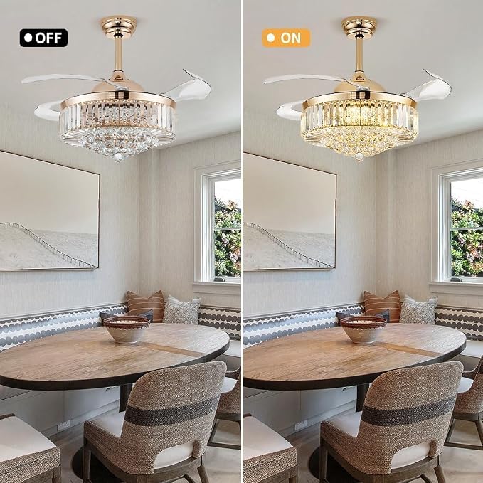 48 Inch Fandelier Ceiling Fan with Light, Chandelier Ceiling Fan for Bedroom Living Room, LED Dimmable, 6-Speed Reversible Motor, Timer & Memory Function-Gold