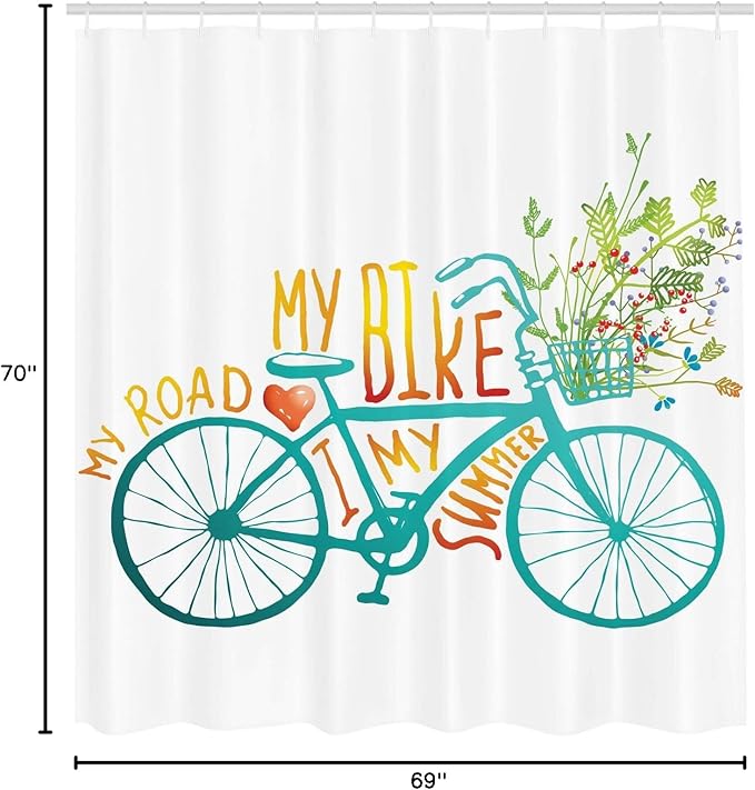 Ambesonne Bicycle Shower Curtain, Vintage Summer Bike a Floral Bouquet Vehicle for Transport Illustration, Cloth Fabric Bathroom Decor Set with Hooks, 69" W x 70" L, Turquoise Yellow