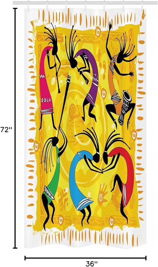 Ambesonne Ethnic Stall Shower Curtain, Dancing and Playing Ethno Music Instruments on Tribal Pattern Artwork, Fabric Bathroom Decor Set with Hooks, 36" W x 72" L, Purple Yellow and Black