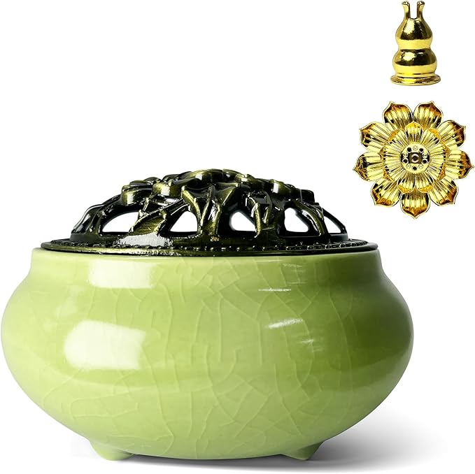Ceramic Incense Burner, Bowl Burner,Cone Incense Burner with Brass lid for use with Stick or Cone-Shaped Incense，Lotus Incense Stick Holder Calabash Incense Stick Holder, 3pc (Light Green)