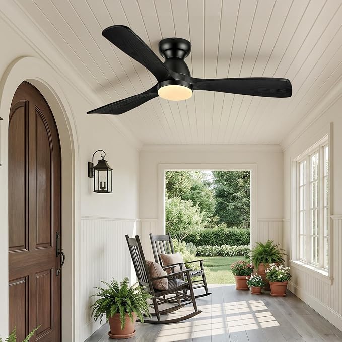 60in Smart Flush Mount Ceiling Fans with Lights,Outdoor Low Profile Ceiling Fan Quiet DC Motor,Work with Alexa/Gg Voice Control/App/Remote,Dimmable,6-speed,3 Wood blades Fan for Patio,Black
