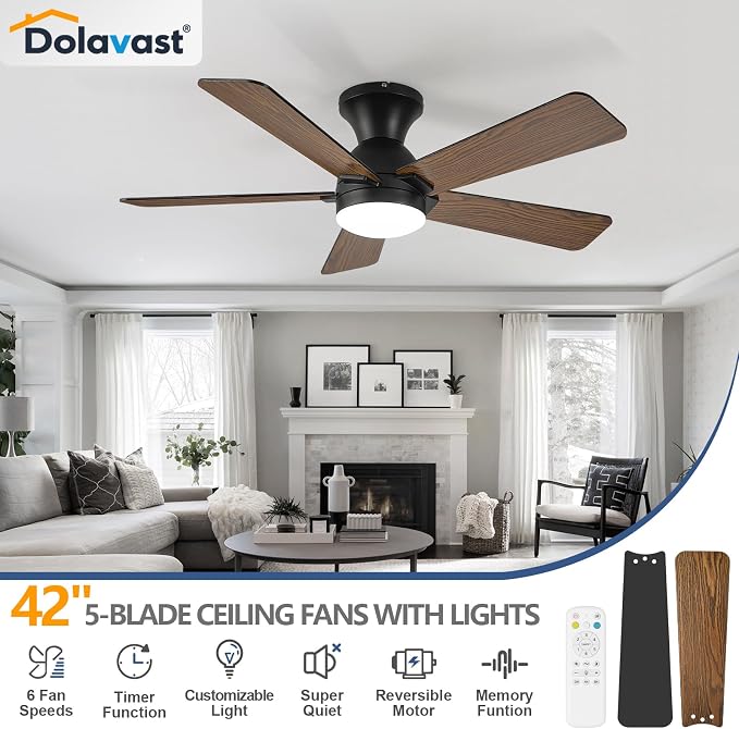Ceiling Fans with Lights, 42 Inch Low Profile Ceiling Fan with Light and Remote Control, Flush Mount, Reversible, 3CCT, Dimmable LED, Quiet, Black Ceiling Fan for Bedroom, Kitchen