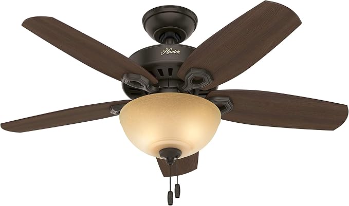 Hunter 42 inch Indoor Ceiling Fan with LED Light - Bronze Ceiling Fan with Pull Chain, For Bedroom or Living Room, Standard Mount, No Remote, 5 Blades, Includes Bulbs - Builder 52218, New Bronze