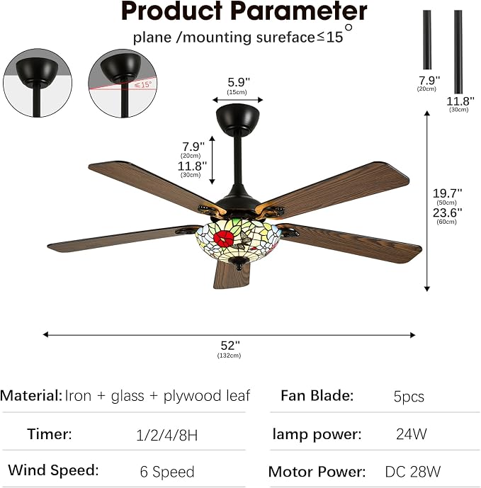52" Tiffany Style Ceiling Fans with Lights, Vintage Chandelier Ceiling Fan with Stained Glass Shade, Dimmable LED, 6 Speeds Reversible for Bedroom (Butterfly Garden)