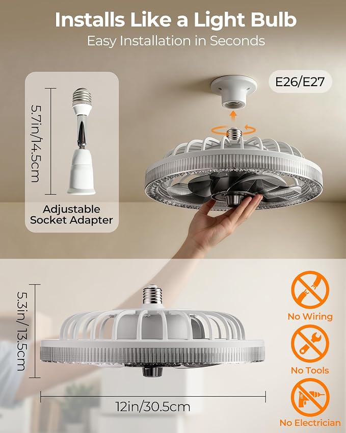 Low Profile Screw in Ceiling Fan Light, 2200LM Dimmable Light Socket Fan with Remote Control and Extender, Small Light Bulb Fan Combo for Recessed, Laundry Room, Closet, Garage, Basement, Pantry