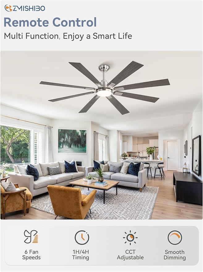 ZMISHIBO 65 Inch Ceiling Fans with Lights and Remote, Brushed Nickel Large Ceiling Fan with 3000-6000K Dimmable, Quiet Reversible DC Motor, 6 Speeds, Indoor/Outdoor Ceiling Fan for Patios Living Room