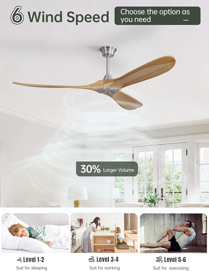 Sofucor 60 Inch Ceiling Fans No Light-Outdoor Ceiling Fan with Remote Control, 3 Blade Reversible DC Motor, Modern Wood Ceiling Fan Without Light for Bedroom Patios,Brushed Nickel&Natural Wood