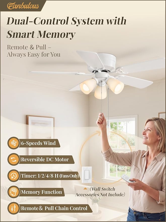 Fanbulous 44" White Flush Mount Ceiling Fan with Light & Remote, DC Motor | Shatterproof PP Shades, Pull Chain Control, Low Profile for Bedroom, Living Room, Kitchen