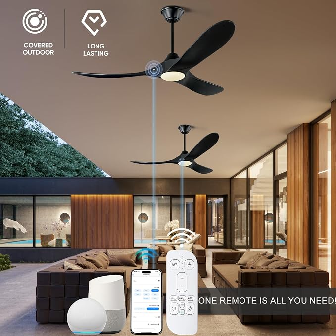 52 Inch Black Smart Ceiling Fan with Lights, Outdoor Ceiling Fan for patio, 3 Blades Wood Ceiling Fan with Quiet Reversible DC Motor, Indoor Exterior Modern Ceiling Fan with Alexa/App/Remote Control