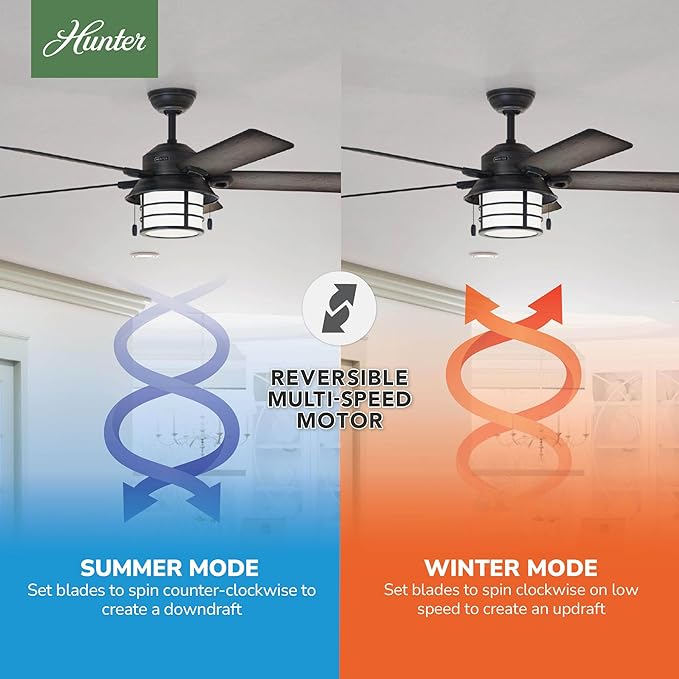 Hunter Key Biscayne, Outdoor or Indoor, Rustic, 54 inch, Weathered Zinc | Ceiling Fan, with LED Light, Standard Mount, Pull Chain, For Bedroom, Living Room, Patio, 59135