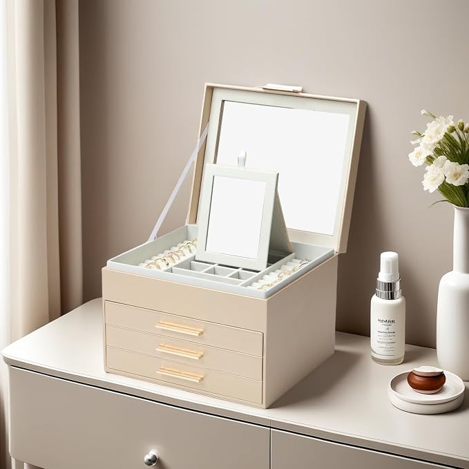BOOVO Clear Lid Jewelry Box,4 Layers Jewelry Organizer Large Jewelry Storage Box with 3 Drawers,Jewelry Holder Organzier of Rings Earrings Necklace Bracelets for Women (Champagne, 4 Layer)