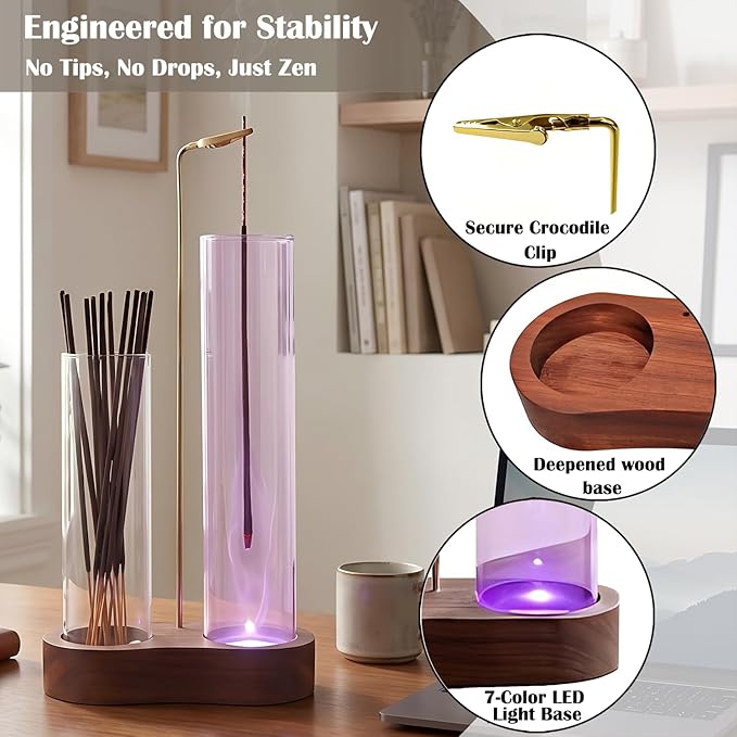 Glowing Glass Incense Holder - 2-in-1 Double Tube Incense Stick Holder with Ash Catcher for Palo Santo, Sage & Meditation - Aesthetic Zen Home Decor for Spa, Yoga & Relaxationn