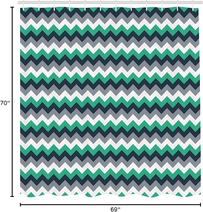 Ambesonne Chevron Shower Curtain, Zig Zag Symmetric Arrows Striped Pattern in Vibrant Color Artisan Print, Cloth Fabric Bathroom Decor Set with Hooks, 69" W x 70" L, Jade Green Grey White