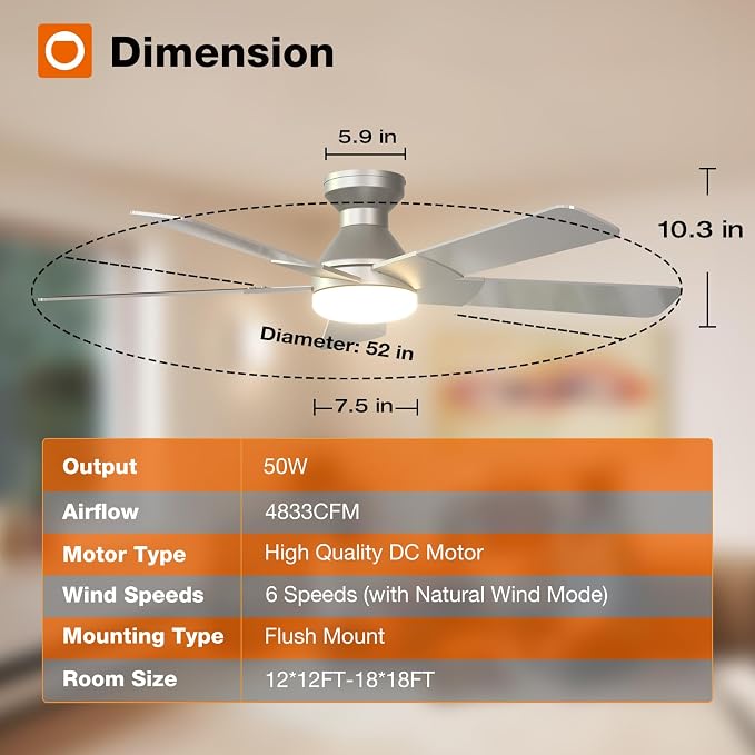 addlon Ceiling Fans with Lights, 52 Inch Low Profile Ceiling Fan with Light and Remote Control, Flush Mount, Reversible, 3CCT, Dimmable, Quiet, Silver Ceiling Fan for Bedroom Indoor/Outdoor Use