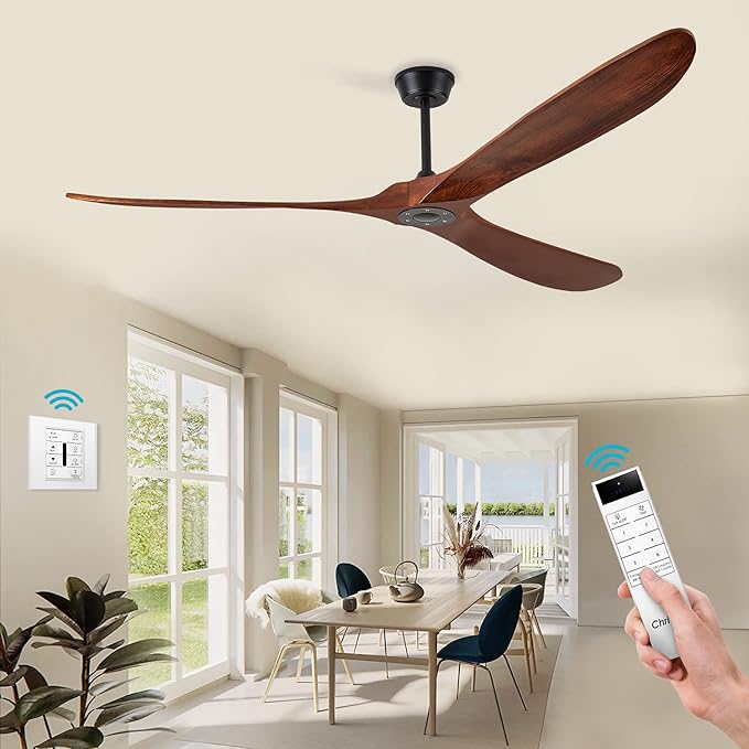 60'' Walnut Ceiling Fan with 3 Wood Blades, 6 Speeds Smart Timing Reversible DC Motor, Modern Black Fan for Indoor/Outdoor Farmhouse/Patios