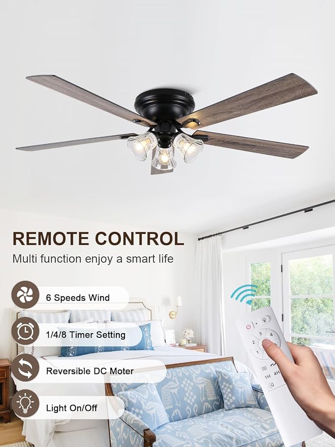 52" Flush Mount Crystal Ceiling Fan with Lights and Remote | Rustic Chandelier Ceiling Fan, Low Profile Farmhouse Fandelier for Bedroom Living Room Kitchen, 3 E12 Bulbs (Not Included)