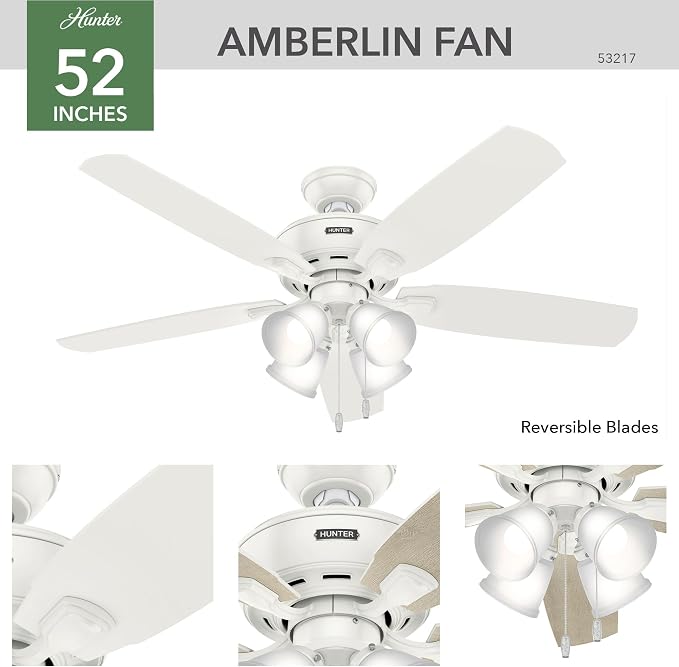Hunter Amberlin, Indoor, Ceiling Fan, with LED Lights, 52 inch, Fresh White