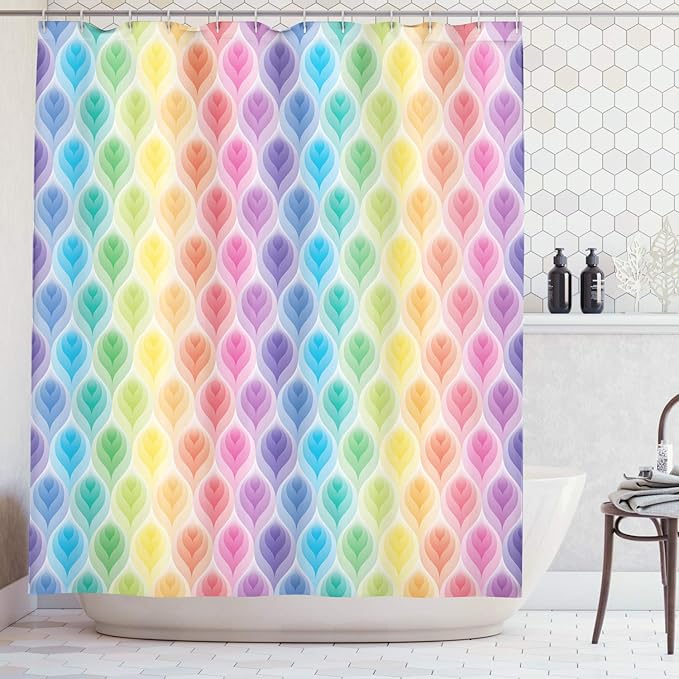 Ambesonne Trippy Shower Curtain, Rainbow Colors Abstract Gradient Toned Leaf Pattern in Digital Soft Pastel Design Modern Art, Cloth Fabric Bathroom Decor Set with Hooks, 69" W x 75" L, Blue Yellow
