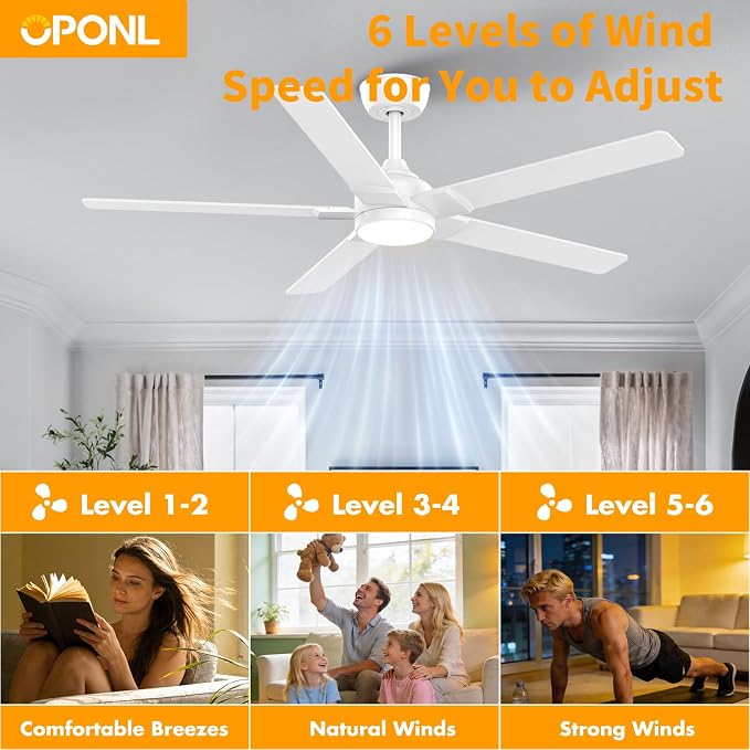 OPONL Ceiling Fan with Light, Ceiling fan with Light and Remote Control, Reversible, 6CCT, Dimmable, Noiseless, Ceiling Fan for Bedroom, Indoor/Outdoor Use, White, 52 inch, Modern