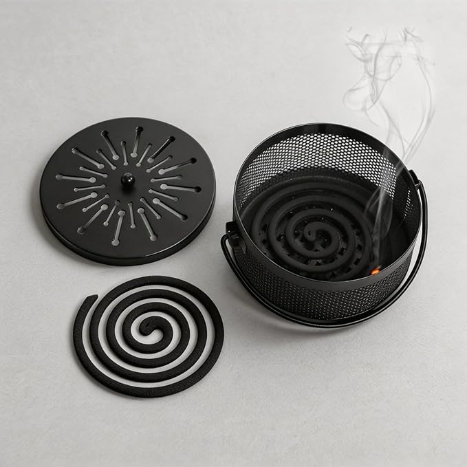 Elsjoy 2 Pack Mosquito Coil Holder with Lid and Handle, Portable Incense Coil Burner Metal Mosquito Incense Holder for Indoor & Outdoor Camping