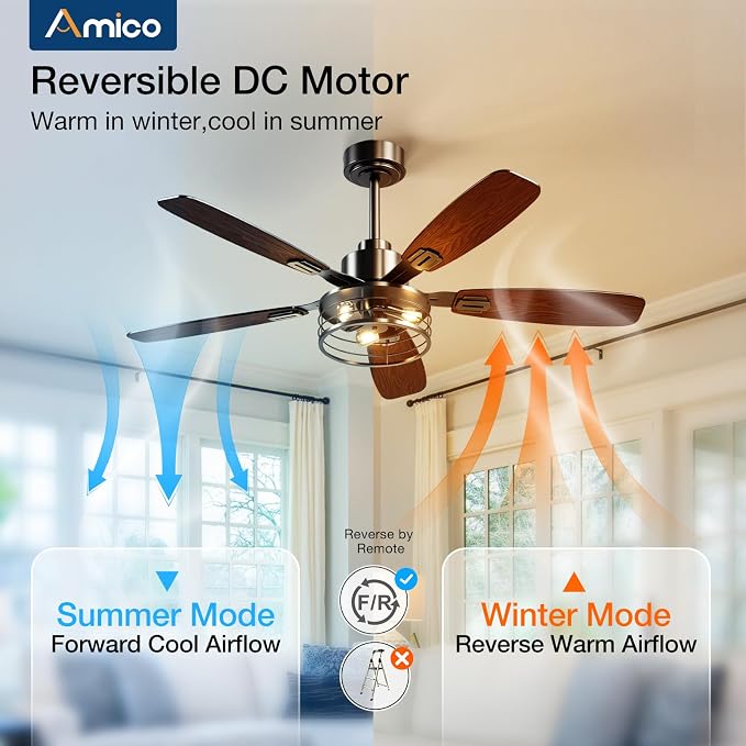 Amico 52 inch Ceiling Fans with Lights, Caged Ceiling Fan with Light and Remote Control, Dimmable, 3CCT, Quiet, Black Farmhouse Ceiling fan For Living Room, Patio, Bedroom, Kitchen, Indoor/Outdoor Use