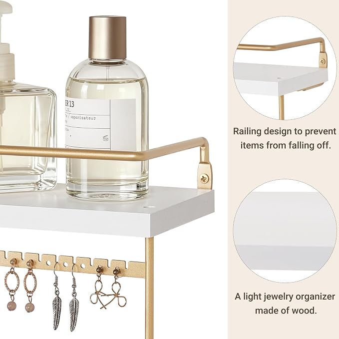 Mkono Hanging Jewelry Organizer Wall Mounted Jewelry Organizer Necklace Holder with Rustic Wood Shelf, Ring Display Box, Ear Studs Earring Holder Bracelet Organizer (Gold)