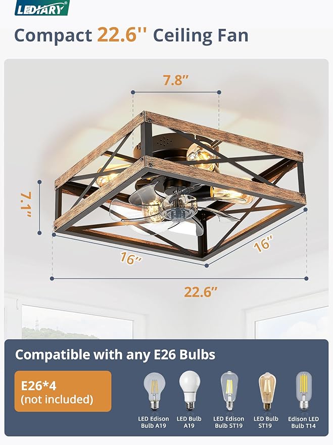 LEDIARY Caged Flush Mount Square Ceiling Fans with Lights and Remote | 6 Speed and Reversible, Small Farmhouse Rustic Bladeless Ceiling Fan Low Profile for Bedroom, Kitchen, Dining Room
