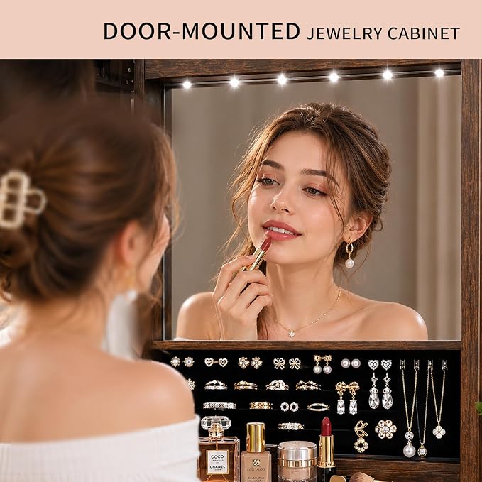 Over the Door Jewelry Organizer, Wall Mounted Jewelry Cabinet, Hanging Mirror with Storage Box, Wall/Door Mounted Full Length Mirror with LED