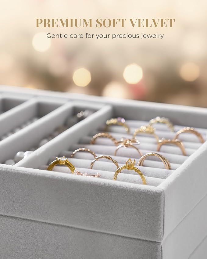 Lolalet Jewelry Drawer Organizer Inserts, Stackable Velvet Tray Jewelry Storage Organizers Set Display Cases for Necklaces Bracelets Earrings Rings Chains Bangles Watches, Grey, Set of 4