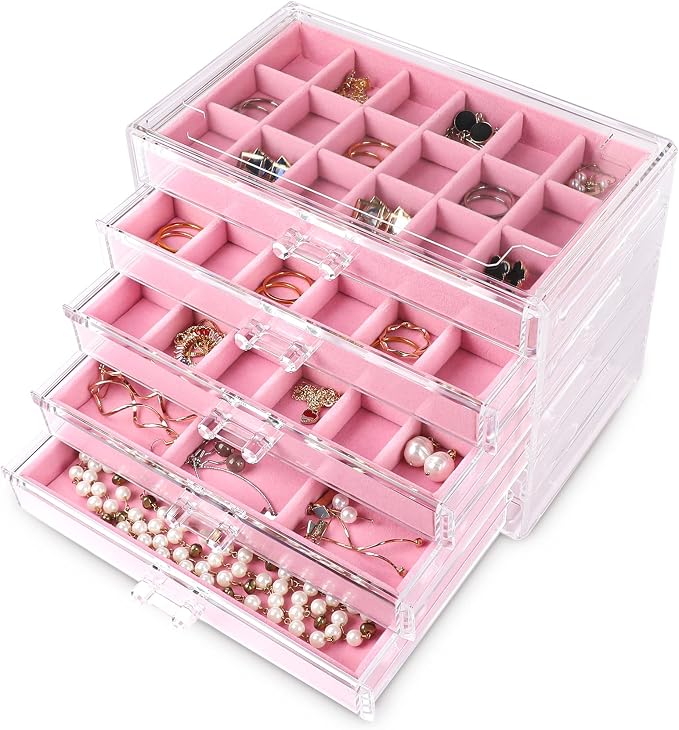 Frebeauty Acrylic Jewelry Organizer Earring Organizer Box with 5 Drawers Earring Holder Organizer with Velvet Trays Clear Jewelry Box for Women Earring Display for Rings StudsPink | 61 Jewelry Storage Grid for Rings Studs Bracelet,Velvet Lining,Transpa...
