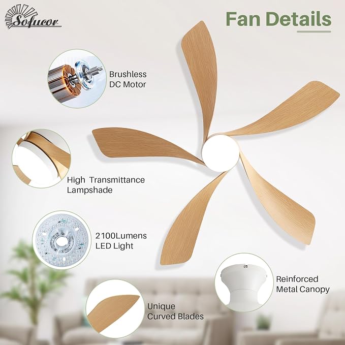 Sofucor 52 Inch Low Profile Ceiling Fan with Light, Modern Flush Mount Outdoor Ceiling Fan with Remote for Bedroom Living Room Patio, Dimmable LED High Airflow Quiet Reversible DC Motor