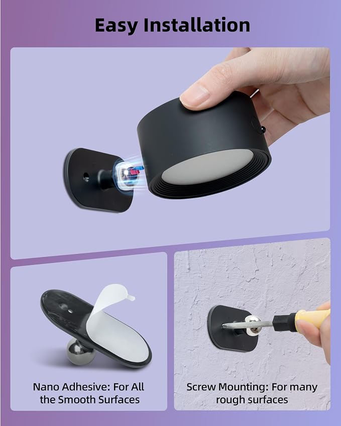 LED Wall Mounted Lights, Rechargeable Wall Sconces, 3 Color Temps, Remote & Touch, 360° Rotating and Dimmable for Bedroom, Bedside & Reading (Black-RGB, 1 Pack)