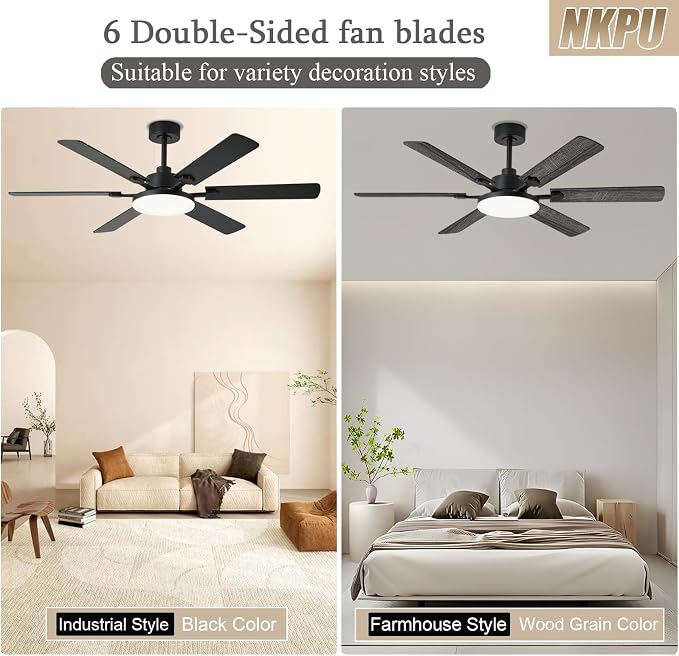 NKPU 56 Inch Ceiling Fans with Lights, Modern Black Ceiling Fan with Light and Remote Control, 6 Double Sided Blades, 6 Speed Reversible Motor, Dimmable LED, Silent Timing, Indoor Outdoor Patio Use