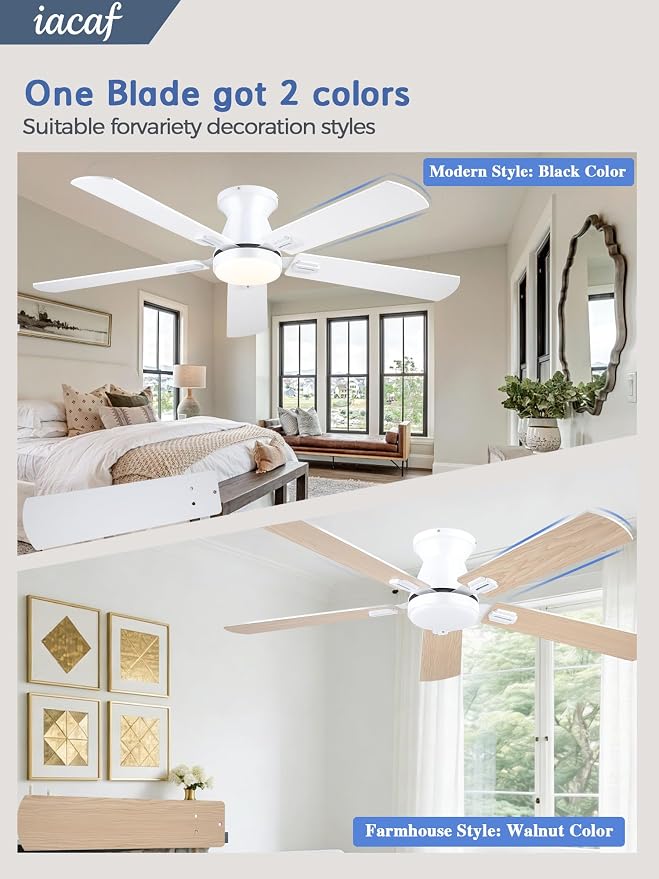 Ceiling Fans with Lights, 52 Inch Ceiling Fan with Light and Remote/APP, Low Profile Ceiling Fan with Light, DC Reversible, 6 Speed Noiseless LED Ceiling Fan, White Small Ceiling Fan for Bedroom