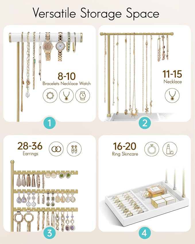 VLANDO Jewelry Stand Organizer with Ring Holder, Jewelry Holder Organizer with Tray, Necklace Holder Bracket Holder Earring Holder - White