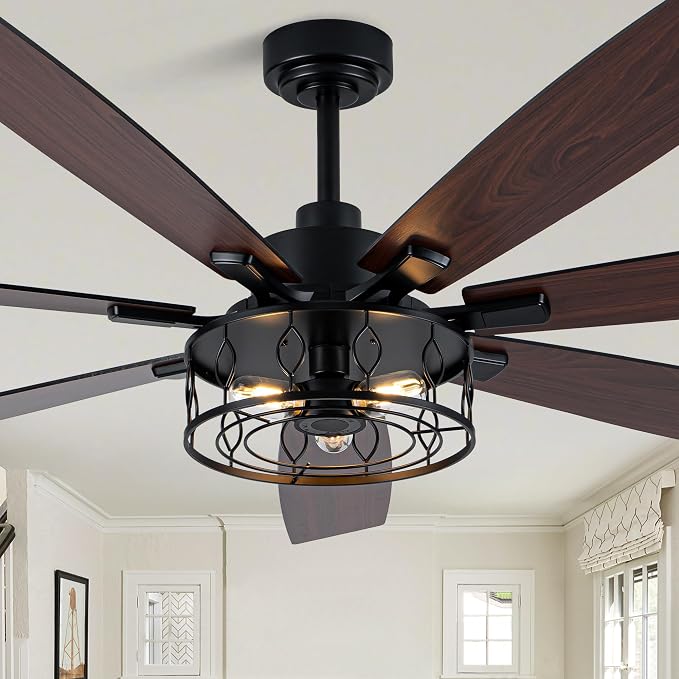 Dawn Whisper 72 Inch Farmhouse Ceiling Fans with Lights Black Industrial Caged Ceiling Fans with 6 Speed Reversible Motor and Dual Finish 8 Blades Rustic Ceiling Fan for Living Room