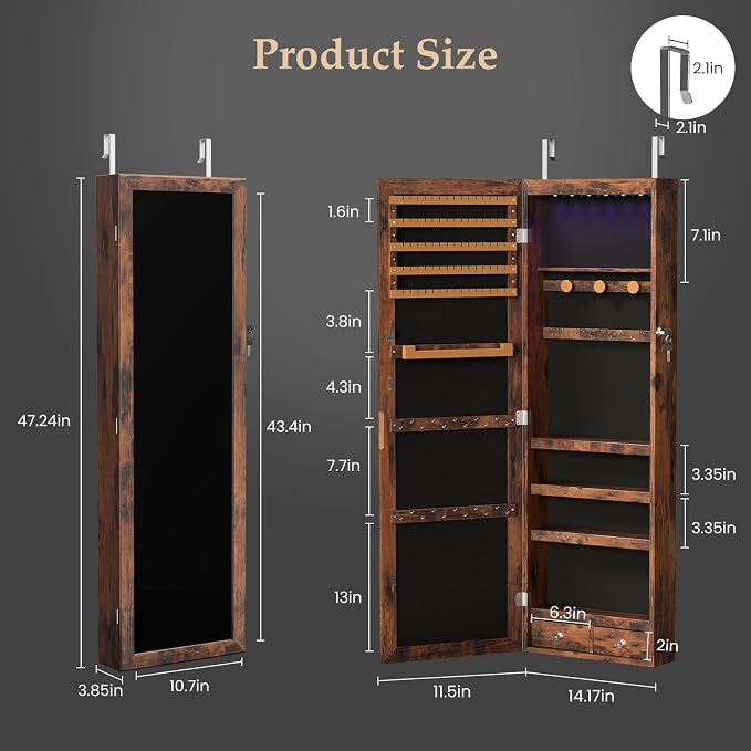 DUMOS 6 LEDs Mirror Jewelry Organizer Cabinet, Jewelry Armoire, 47.2 Inch | Hanging Door or Wall Mounted Mirror, Lockable, Large Capacity Cosmetic Storage, 2 Drawers, Gift Idea, Rustic Brown