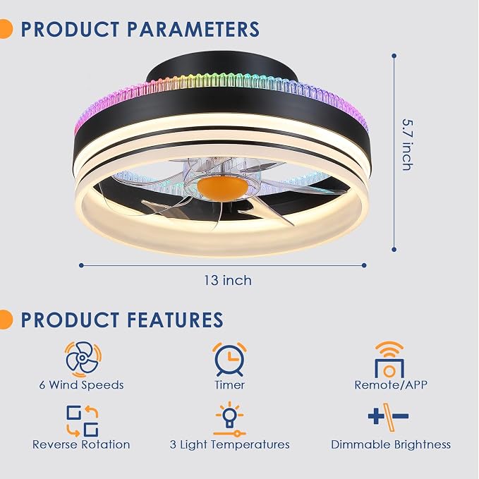 Mpayel RGB Ceiling Fans with Lights, 13" Low Profile Ceiling Fan with Light and Remote, 3000-6000K Dimmable Modern Black Flush Mount LED Fan Light for Bedroom, Living Room, Kitchen