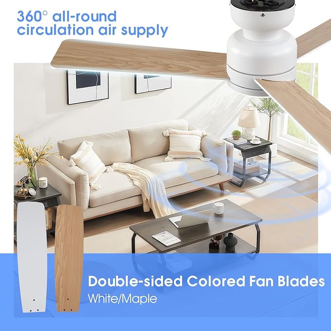 Kviflon 46 inch Ceiling Fans with Lights and Remote/APP Control, Low Profile Ceiling Fan with Light, Flush Mount, 3CCT, 3 Reversible Blades 6 Speeds Modern Ceiling Fan for Bedroom Living Room, White