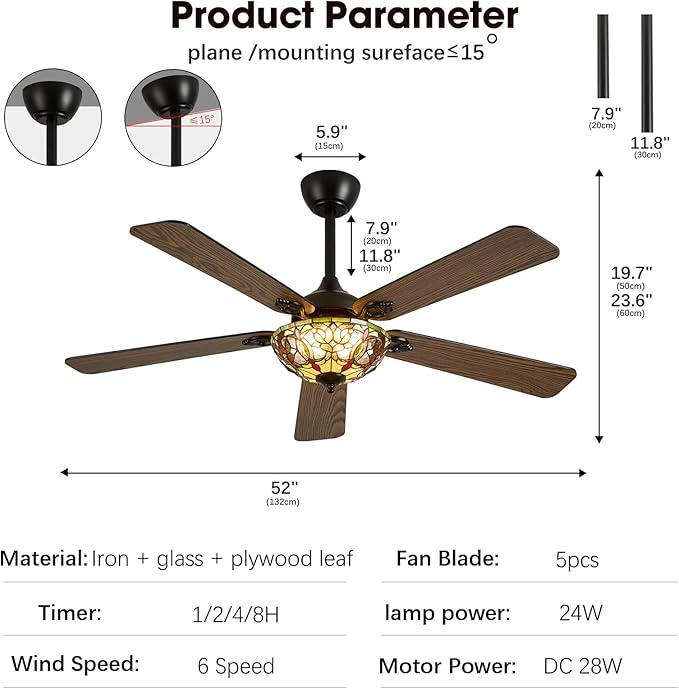 52" Tiffany Style Ceiling Fans with Lights, Vintage Chandelier Ceiling Fan with Stained Glass Shade, Dimmable LED, 6 Speeds Reversible for Bedroom (Art Nouveau)