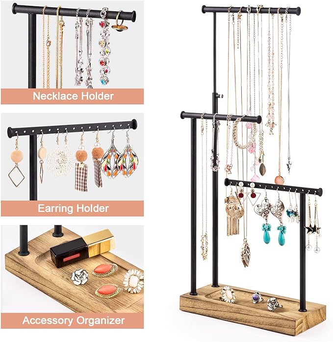 SRIWATANA Carbonized Black Jewelry Organizer Stand, Tall Necklace Holder | 3-Tier 360° Rotating Tall Jewelry Tree with Adjustable Height for Necklaces, Earrings, Bracelets, and Ring Tray