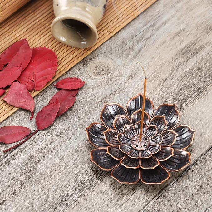 Accmor Zinc Alloy Incense Holder, Lotus Stick Incense Burner, Incense Holder for Stick/Coil/Cone Incense with Ash Catcher,Copper