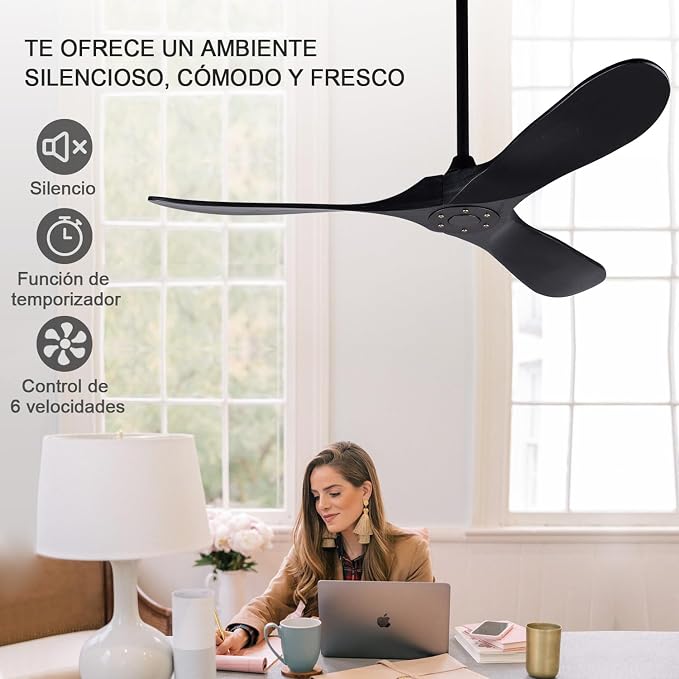 52 Inch Ceiling Fans without Lights, Black Ceiling Fans no Lights with Remote Control, 3 Solid Wood Blades， Indoor Outdoor Ceiling Fan for Living Room Patios Bedroom Kitchen